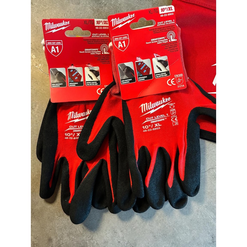 NEW Milwaukee Work Gloves XL (10) A1 Cut Level 1 Nitrile Dipped Grip 2PK BUNDLE